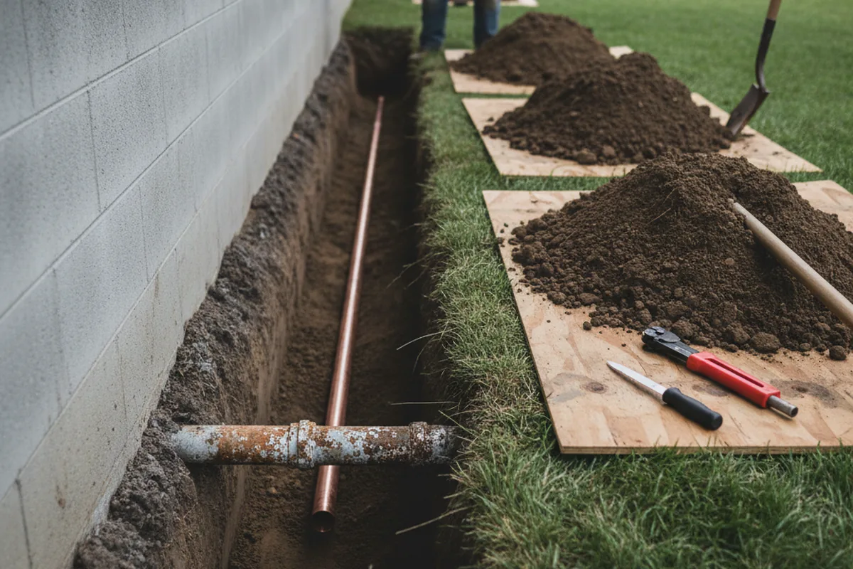 Excavated water line trench during Water Softener Installation in Underwood